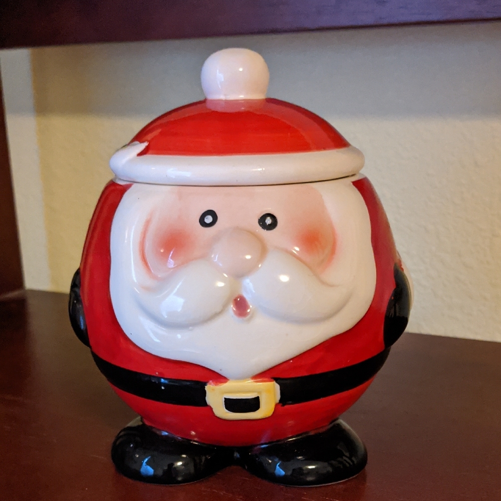 Jar Santa 🎅🏻 Ceramic Mini Canister Sugar Bowl Round Red Beard Jolly Lid Set